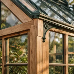 Close view of a timber corner joint and fine glazing bars