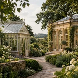 A glasshouse and orangery set among English garden paths and planting