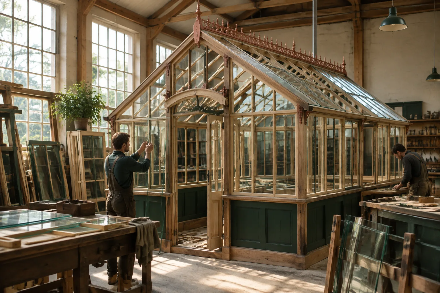 Timber glasshouse frame with slender glazing bars taking shape in a naturally lit workshop