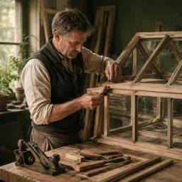 Craftsperson fitting a timber glasshouse joint by hand at a workbench