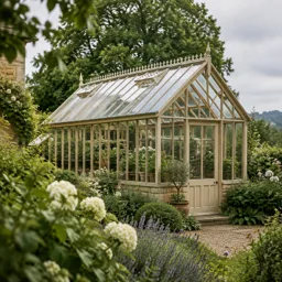 Completed Victorian-style timber glasshouse surrounded by mature garden planting