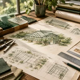 Glasshouse plans, measuring tools and material samples on a timber drawing table