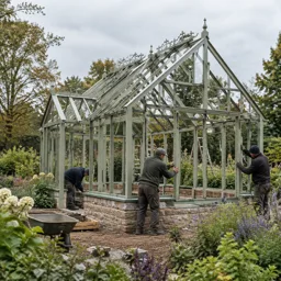 Craftspeople positioning a glasshouse frame on a garden stone base