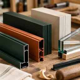 Painted timber and powder-coated aluminium samples beside glazing components