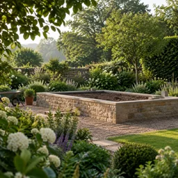 Stone base within planted garden borders ready for a future glasshouse