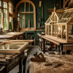 Glasshouse components and traditional hand tools laid out in a joinery workshop
